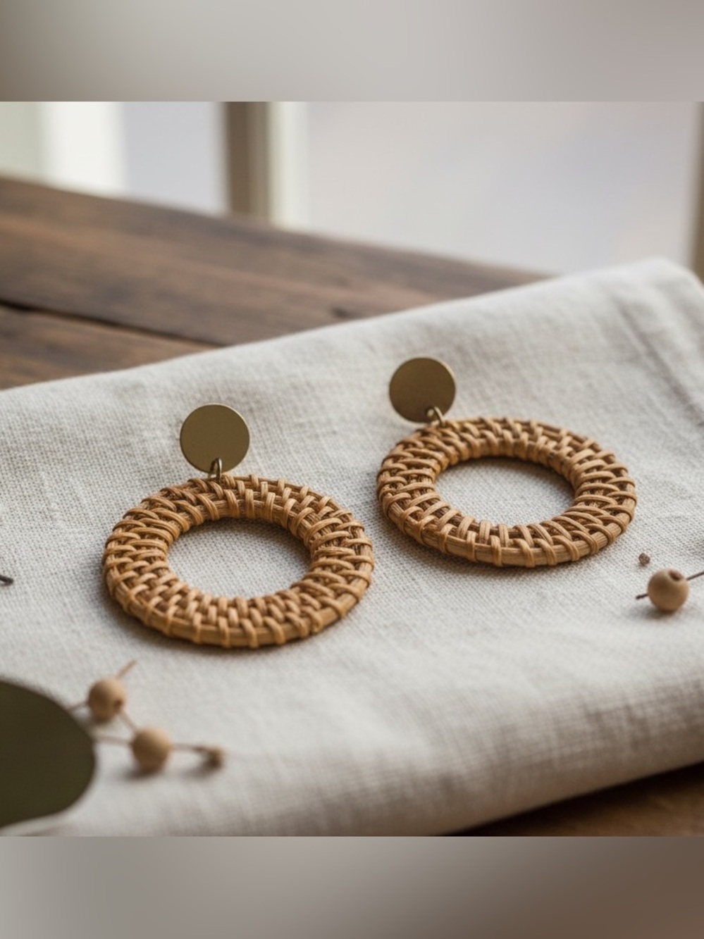 Woven Rattan Hoop Earrings with Gold Disc Boho